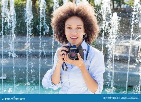 Charming Black Woman With Retro Camera Stock Photo Image Of Face