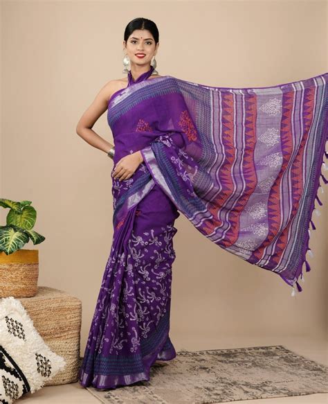 shivanya handicrafts women s linen hand block printed saree with blouse piece cl 051 at rs 650