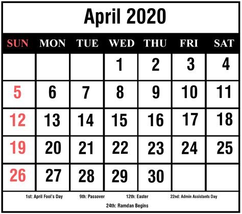 April 9 2020 Calendar Month Calendar Printable
