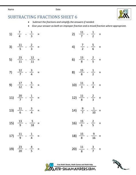Math Aids Com Fractions Worksheets Subtracting Mixed Numbers