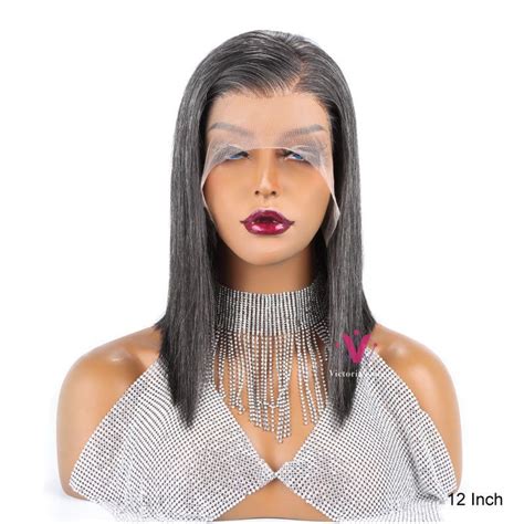 Salt And Pepper Straight Bob Wig Lace Frontal Bob 12 Inch Hair