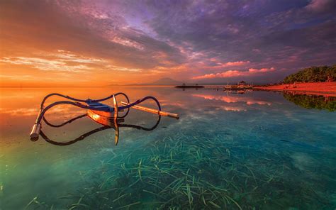 Bali Indonesia Orange Sunset Khanprosire Water Sea Grass