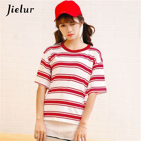 Jielur Summer New Korean Loose Short Sleeve T Shirt Female White And Red Striped Tops O Neck All