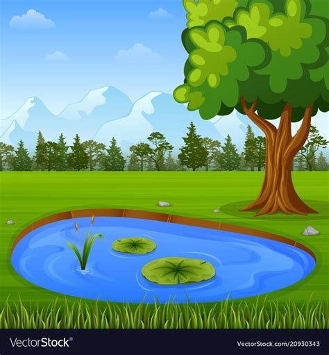 Vector Illustration Of Beautiful Nature With Water Pond Download A