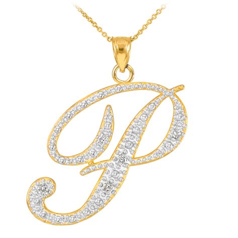 14k Gold Letter Script P Diamond Initial Pendant Necklace
