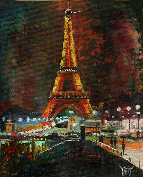 Yary Dluhos Original Oil Painting Paris France Eiffel Tower City Night