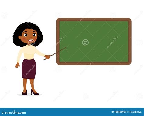Dark Skin Female Teacher Standing Near Blackboard Flat Vector Illustration Smiling Tutor