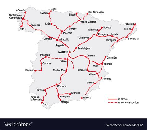 Map High Speed Railway Lines In Spain Royalty Free Vector