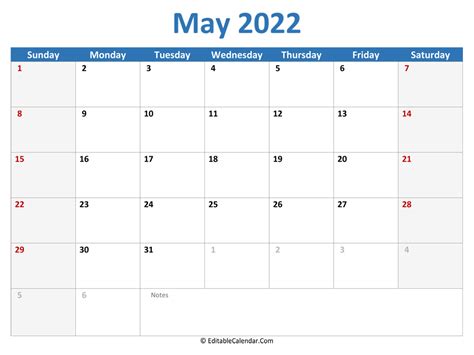 Download 2022 Printable Calendar May Word Version