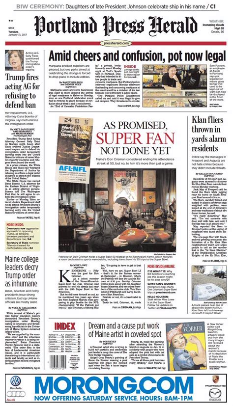 Todays Portland Press Herald Front Page Tuesday January 31 2017