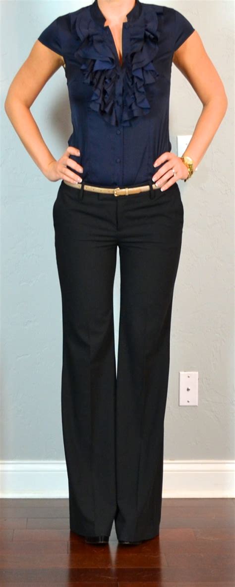 Outfit Post Navy Ruffle Blouse Black ‘editor Pants Gold Belt