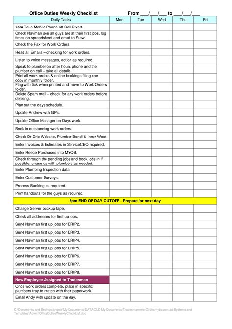 Weekly Office Checklist Templates At