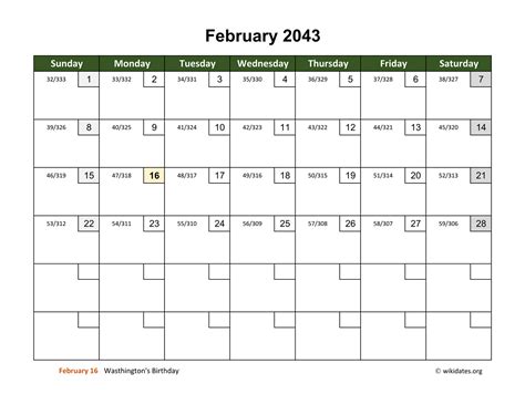 February 2043 Calendar With Day Numbers