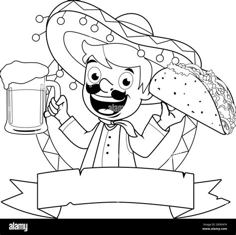 Mexican Man Holding A Cold Beer And A Taco Vector Black And White