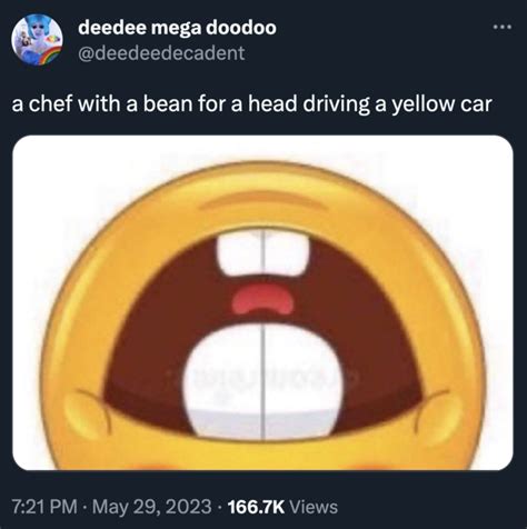 A Chef With A Bean For A Head Driving A Yellow Car Smiling Buck Tooth