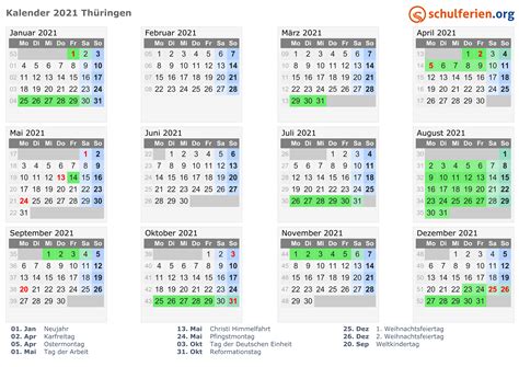 Kalender 2021 Ferien Thüringen Feiertage