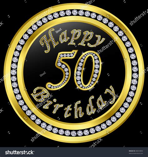 Happy 50th Birthday Golden Icon With Diamonds Vector Illustration
