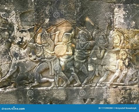 Cambodia Architecture Bas Relief Depicting Historical Events And Daily