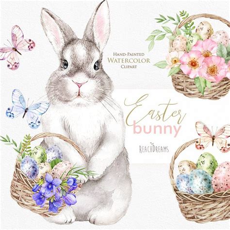 Watercolor Easter Bunny Clipart Floral Butterflies Eggs Etsy Uk