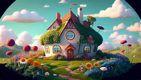 Small Cute House Village Country House Building And Grass Garden