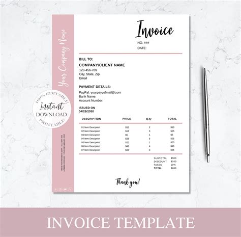 Editable Invoice Template Small Business Invoice Printable Etsy
