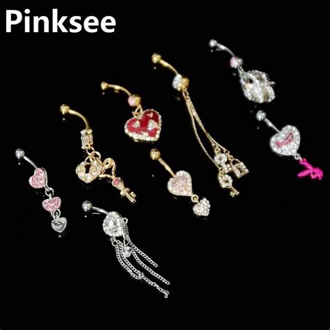 Sexy Dangle Belly Bars Belly Button Rings Fashion Surgical Steel Heart Rhinestone Body Jewelry