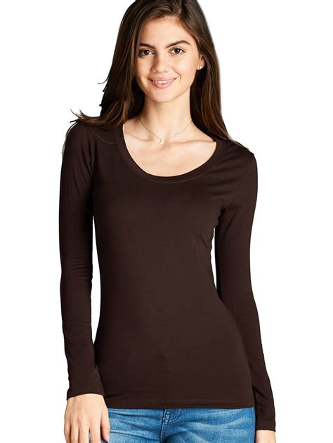 Women S Long Sleeve Scoop Neck Fitted Cotton Top Basic T Shirts Plus Size Available Fast And Free