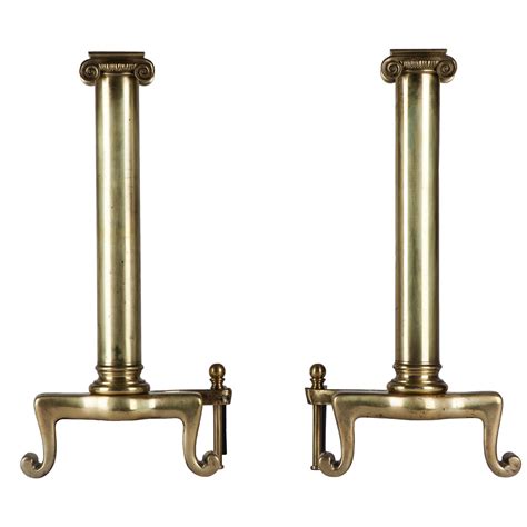 Antique Neoclassical Cast Brass Andirons With Tapered Fluted Columns Circa 1900 For Sale At