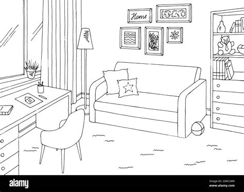 Children Room Graphic Black White Home Interior Sketch Illustration