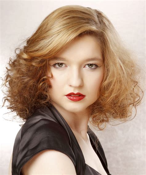 Medium Curly Formal Hairstyle Golden Blonde Hair Color With Light