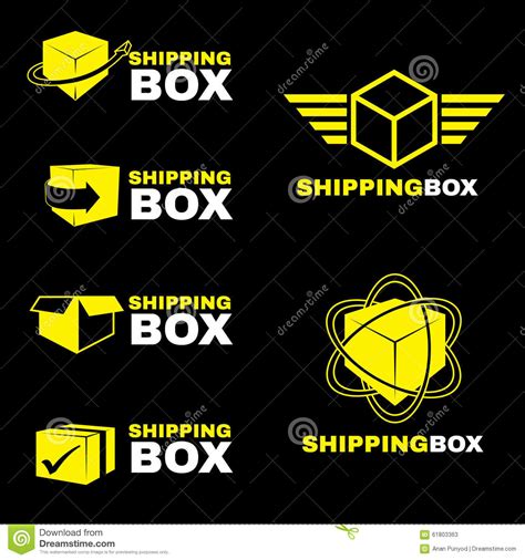 Yellow Shipping Box Logo Sign Vector Set Isolate On Black Stock Vector