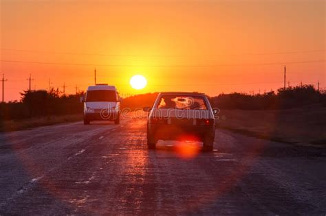 Drive On A Car To The Golden Sunset Editorial Photo Image Of Road