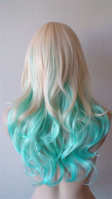 Blonde Teal Ombre Wig Medium Length Curly Hair Long Side