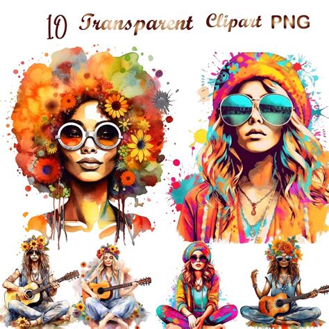 10 Watercolor Hippie Girl Clipart Png Sublimation Pnghippie Clip Art