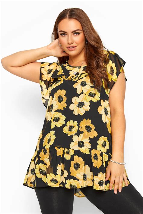 Black And Yellow Floral Frill Chiffon Blouse Yours Clothing