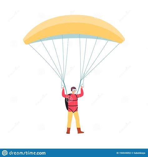 Cartoon Man Jumping With Yellow Parachute And Smiling Isolated On White