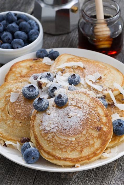 Homemade Pancakes With Blueberries And Powdered Sugar Stock Photo