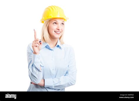 Portrait Woman Engineer Making Idea Gesture Looking Up And Smiling