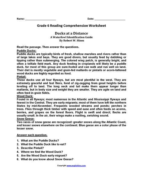 6th Grade Reading Worksheet Printable