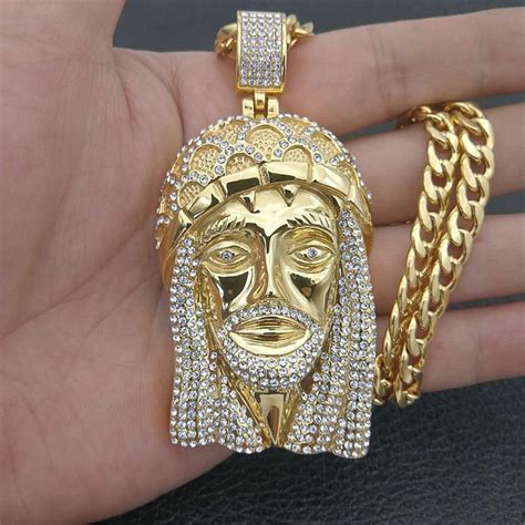 Hip Hop Gold Color Stainless Steel Iced Out Bling Full Rhinestone Big Jesus Piece Head Pendants