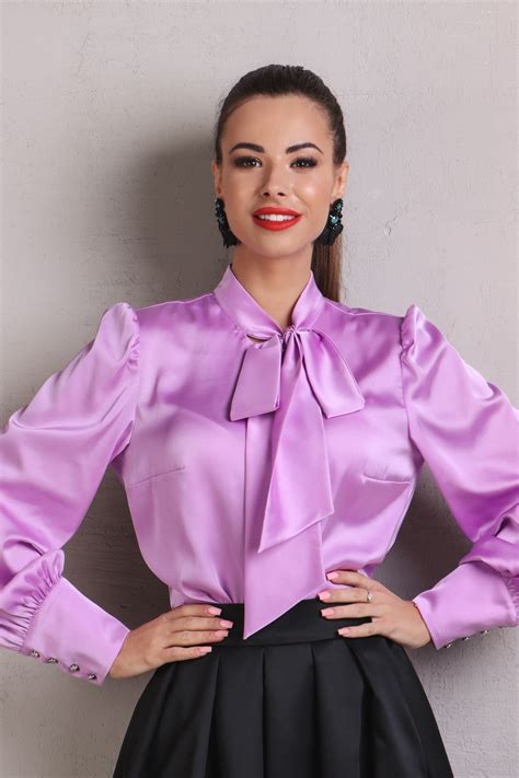 pussy bow blouse artificial silk retro tie neck blouses for women purple shirt etsy