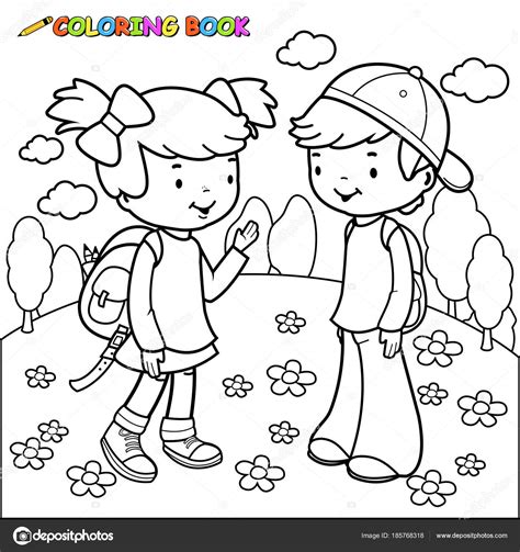 Girl And Boy Students Coloring Book Page Stock Vector Image By