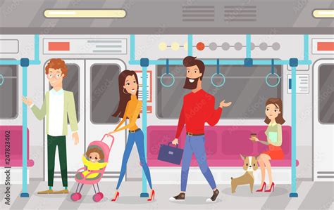 Vector Illustration Of People In Subway Underground Train Interior Of