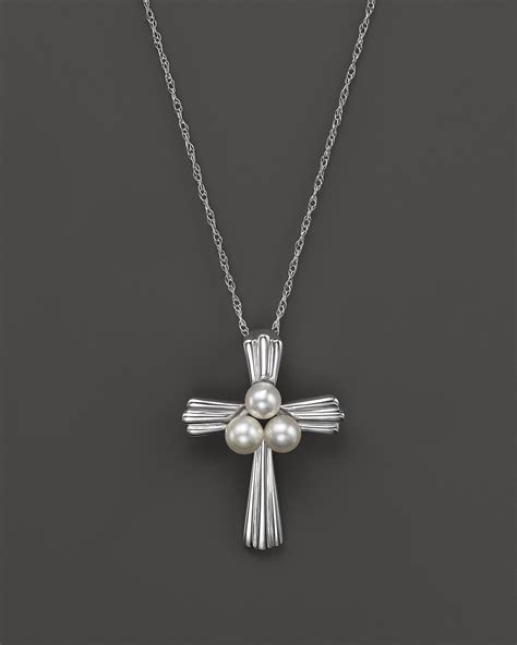 Cultured Freshwater Pearl Cross Necklace In 14k White Gold 18