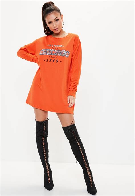 missguided orange chicago graphic print oversized sweater dress orange sweater dress
