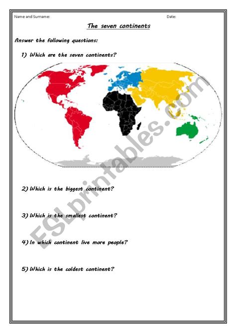 continents esl worksheet  oneal