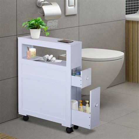 Homcom Wooden Rolling Narrow Bathroom Storage Side Cabinet W Slide Out