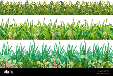 Realistic Grass Shades Of Green Leaves Foliage Plants 3 Horizontal Decorative Seamless Patterns