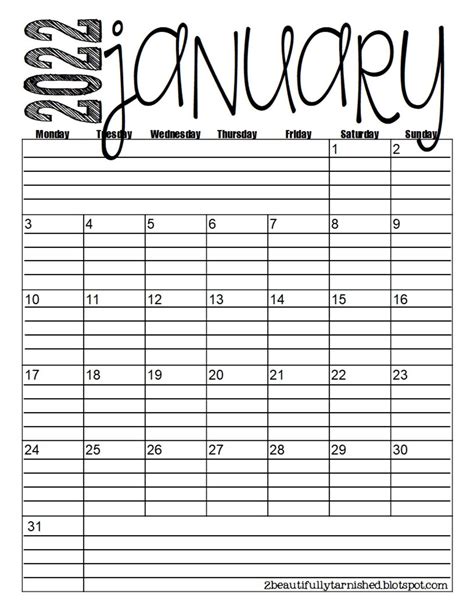 2022 Monday Start Lined Monthly Calendars 8 5x11 Portrait Etsy España