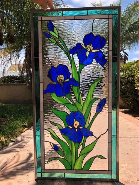 Iris Stained Glass Window Panel Hangings Iris Flowers Etsy Stained Glass Flowers Glass